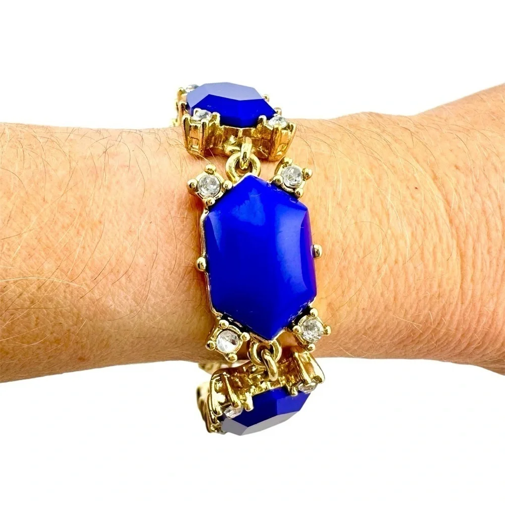 J Crew Bracelet in Shiny Gold-tone with Blue Stones and Small Rhinestones